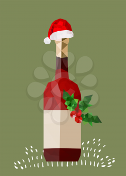 Illustration of origami wine bottle with christmas hat