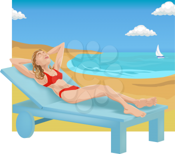 Royalty Free Clipart Image of a Woman Sunbathing on a Beach
