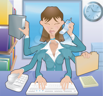 Royalty Free Clipart Image of a Businesswoman Multitasking 