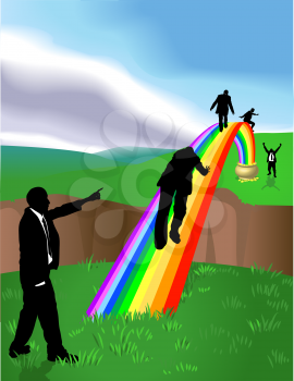 Royalty Free Clipart Image of Businesspeople Walking to a Pot of Gold