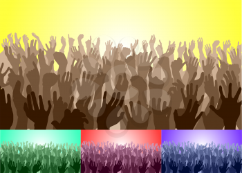 Royalty Free Clipart Image of a Crowd of People With Their Hands Up