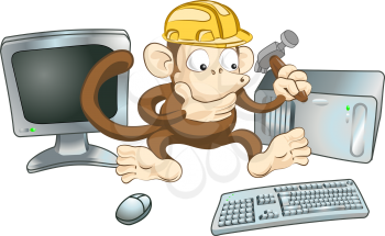 Royalty Free Clipart Image of a Monkey Trying to Fix a Computer