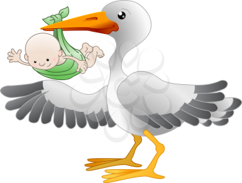 Royalty Free Clipart Image of a Stork With a Newborn Baby