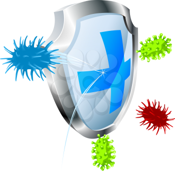 Royalty Free Clipart Image of a Shield With Bacteria Around It 