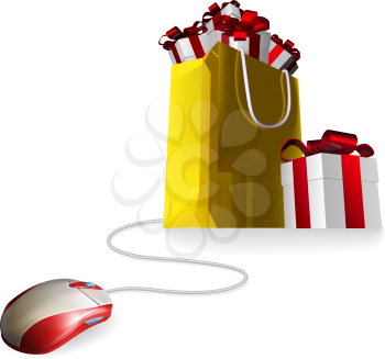 Royalty Free Clipart Image of Presents and a Computer Mouse