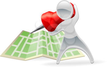 Royalty Free Clipart Image of a Mascot Putting a Pin on a Map