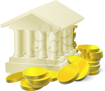 Royalty Free Clipart Image of a Bank Building Surrounded by Coins