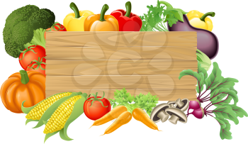 Royalty Free Clipart Image of a Wooden Sign Surrounded by Vegetables and Fruit
