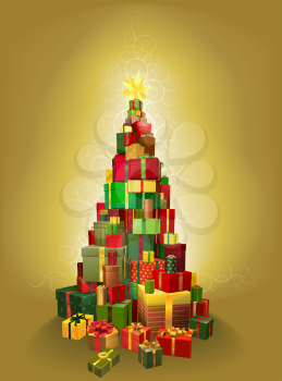 Illustration of a pile of presents in the shape of a Christmas tree with gold pattern background