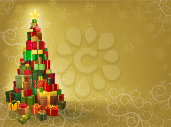 Christmas background with gifts stacked in tree shape with star
