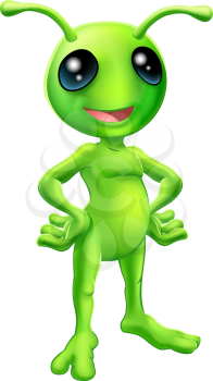 Cartoon green  happy friendly alien standing with his hands on his hips