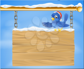 Cartoon happy smiling bluebird wearing a Christmas Santa hat sat on a snowy sign