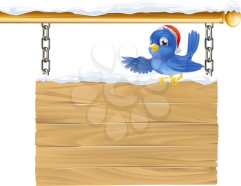 Bluebird Christmas sign illustration. A cute bluebird wearing a Santa Christmas hat showing what the sign says by pointing its wing.
