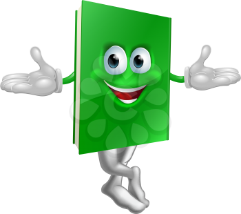 Cartoon book mascot smiling with crossed legs and hands out
