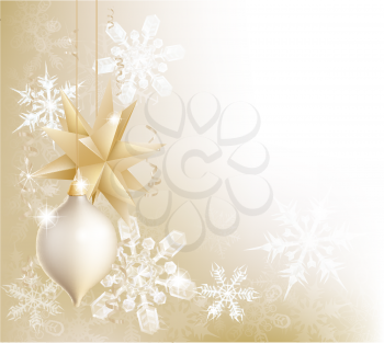A gold snowflake and Christmas bauble decoration background with hanging ornaments, abstract snow flakes and ribbons