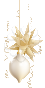 Illustration of two beautiful gold and white Christmas tree baubles or decorations one in the shape of a star 
