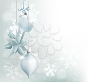 A blue and silver snowflake and Christmas bauble decoration background with hanging ornaments, abstract snowflakes and bokeh