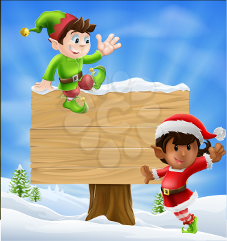 Seasonal cartoon of two Christmas elves and a sign in the snow with Christmas trees in the background.