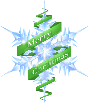 An illustration of a Christmas Snowflake with a green ribbon reading Merry Christmas wrapped around it

