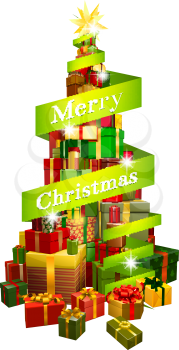 A stack or pile of Christmas presents or gifts in the shape of a Christmas tree with a star shaped ornament or decoration on the top and a banner or scroll reading Merry Christmas round it.