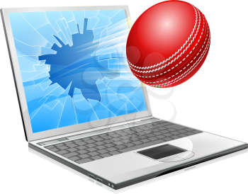 Illustration of a cricket ball flying out of a broken laptop computer screen