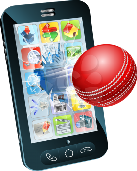 Illustration of an cricket ball flying out of mobile phone screen