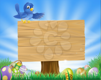 A bluebird Easter cartoon background. Blue bird sits atop  a rustic wooden sign in field of grass with Easter eggs and Easter egg basket.
