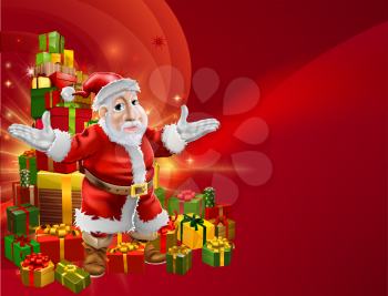 A red abstract Christmas background with chubby cheerful cartoon Santa and Christmas gifts.