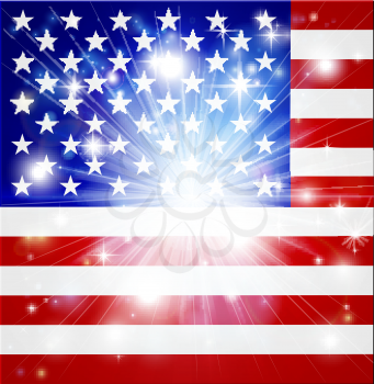 Flag of America background with pyrotechnic or light burst and copy space in the centre
