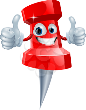 A red happy red cute push pin man giving a double thumbs up