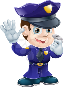 A cute police man character holding a whistle and waving or doing a stop gesture 
