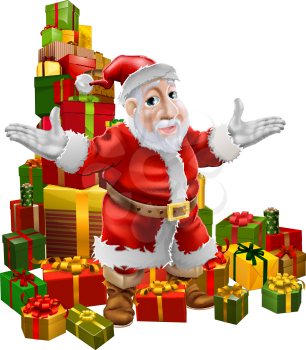 A happy smiling cartoon Santa with arms out showing the viewer a pile of Christmas gifts