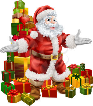 An Illustration of Santa Claus with a big stack of Christmas Gifts behind him
