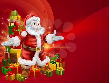 Red Santa and a stack of presents background with lots of copyspace for you text on the right.