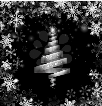Abstract silver ribbon Christmas tree illustration with beautiful snowflakes in a border round the frame