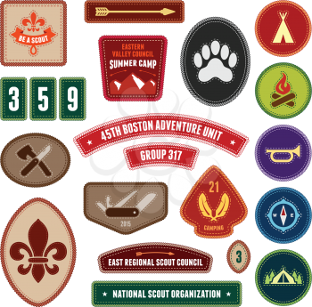 Set of scouting badges and merit badges for outdoor activities
