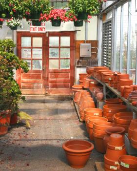 Royalty Free Photo of Pots and Plants in a Greenhouse
