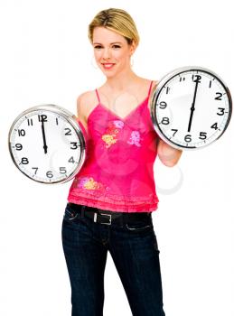 Royalty Free Photo of a Female Fashion Model Holding Two Clocks