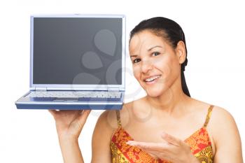 Royalty Free Photo of a Woman Giving a Presentation About a Laptop