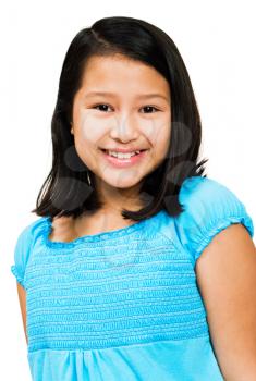 Close-up of a girl smiling isolated over white