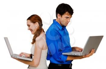 Couple using laptops and smiling together isolated over white