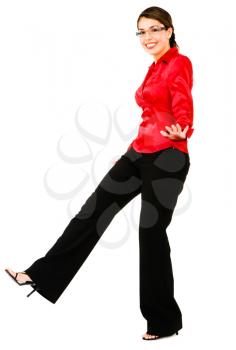 Latin American woman dancing and smiling isolated over white