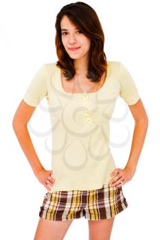Young woman posing and smiling isolated over white