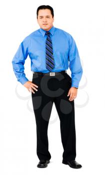 Latin American businessman standing isolated over white
