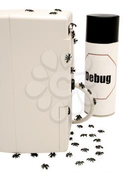 Computer cpu with insect repellent and ants isolated over white