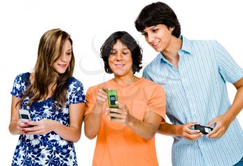 Smiling family text messaging on mobile phones isolated over white