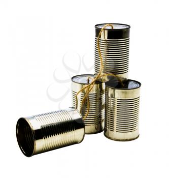 Old tin can phones isolated over white