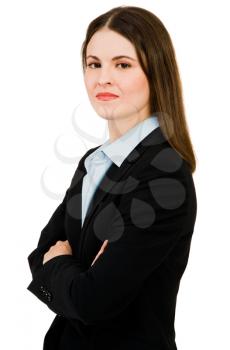 Smirking businesswoman posing isolated over white