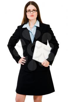 Close-up of a businesswoman holding a laptop isolated over white