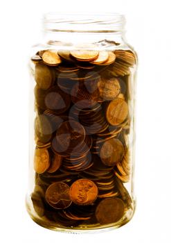 Jar full of us coins isolated over white
